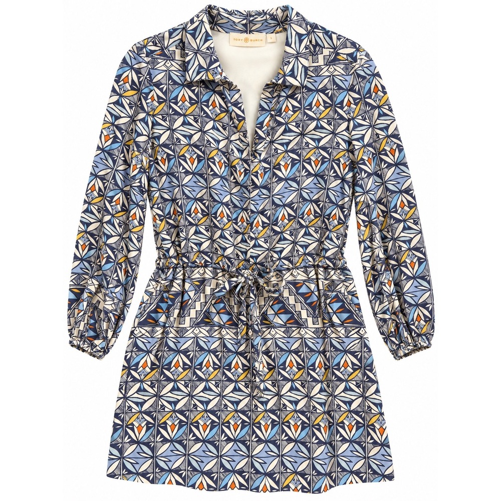 Tory Burch 100% Silk Geometric Floral Print Shirt Dress Pockets Blue Size S